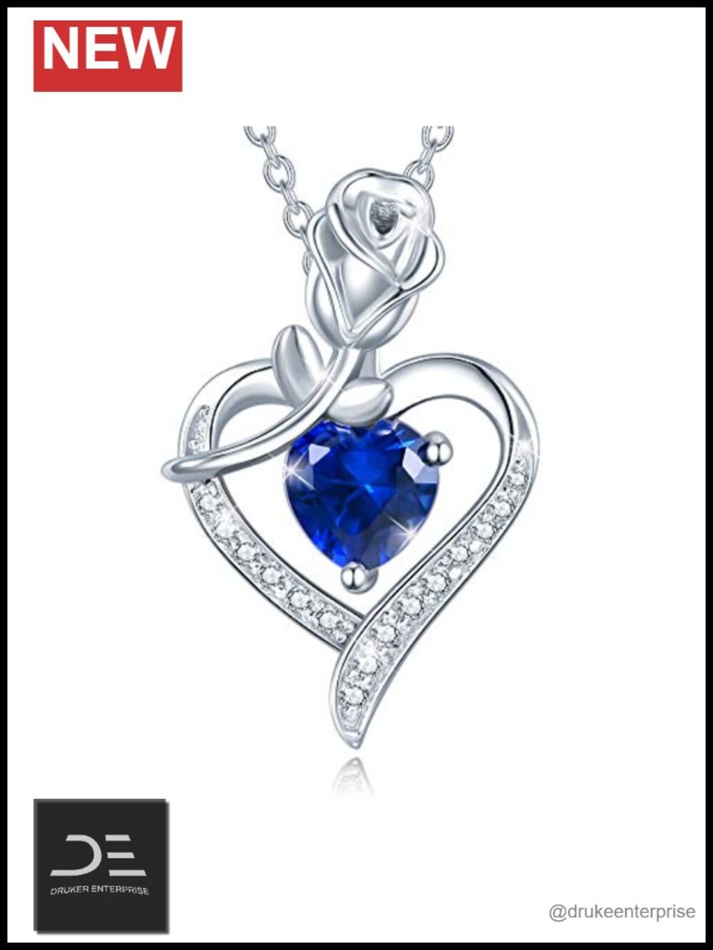 Sterling Silver Rose Flower Heart Pendant Necklace - 16" Chain